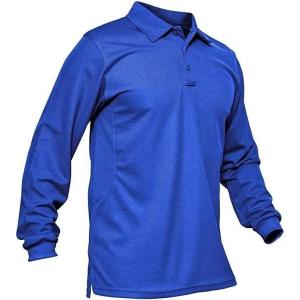 imageMAGCOMSEN Mens Polo Shirts 3 Button Quick Dry Performance Long Sleeve Tactical Shirts Pique Jersey Golf ShirtBlue