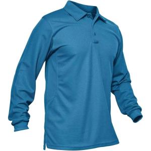 imageMAGCOMSEN Mens Polo Shirts 3 Button Quick Dry Performance Long Sleeve Tactical Shirts Pique Jersey Golf ShirtBlue Green