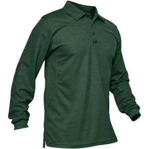 imageMAGCOMSEN Mens Polo Shirts 3 Button Quick Dry Performance Long Sleeve Tactical Shirts Pique Jersey Golf ShirtDark Green