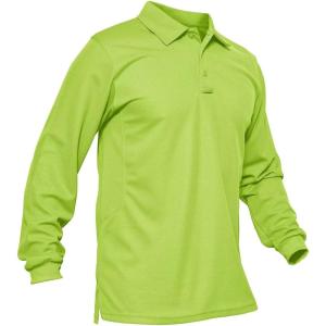 imageMAGCOMSEN Mens Polo Shirts 3 Button Quick Dry Performance Long Sleeve Tactical Shirts Pique Jersey Golf ShirtFlourescent Green