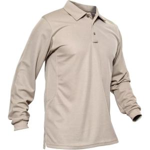 imageMAGCOMSEN Mens Polo Shirts 3 Button Quick Dry Performance Long Sleeve Tactical Shirts Pique Jersey Golf ShirtKhaki