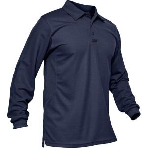 imageMAGCOMSEN Mens Polo Shirts 3 Button Quick Dry Performance Long Sleeve Tactical Shirts Pique Jersey Golf ShirtNavy