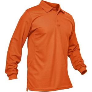 imageMAGCOMSEN Mens Polo Shirts 3 Button Quick Dry Performance Long Sleeve Tactical Shirts Pique Jersey Golf ShirtOrange