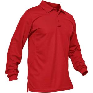 imageMAGCOMSEN Mens Polo Shirts 3 Button Quick Dry Performance Long Sleeve Tactical Shirts Pique Jersey Golf ShirtTomato Red