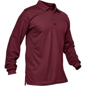 imageMAGCOMSEN Mens Polo Shirts 3 Button Quick Dry Performance Long Sleeve Tactical Shirts Pique Jersey Golf ShirtWine Red