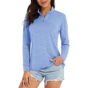 imageMAGCOMSEN Womens 14 Zip Shirts UPF 50 Sun Protection Pullover Long Sleeve Quick Dry Workout Hiking Athletic ShirtsLight Blue