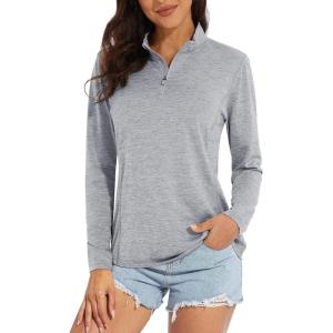imageMAGCOMSEN Womens 14 Zip Shirts UPF 50 Sun Protection Pullover Long Sleeve Quick Dry Workout Hiking Athletic ShirtsLight Grey