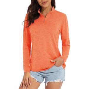 imageMAGCOMSEN Womens 14 Zip Shirts UPF 50 Sun Protection Pullover Long Sleeve Quick Dry Workout Hiking Athletic ShirtsOrange