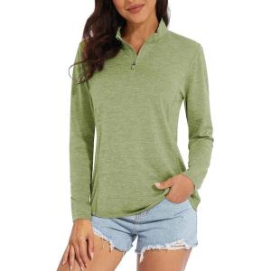 imageMAGCOMSEN Womens 14 Zip Shirts UPF 50 Sun Protection Pullover Long Sleeve Quick Dry Workout Hiking Athletic ShirtsWheat Green