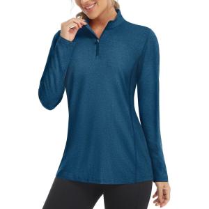 imageMAGCOMSEN Womens Long Sleeve Shirts 14 Zip Pullover UPF 50 Sun Protection Quick Dry Hiking Athletic Workout TopsDark Blue