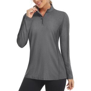 imageMAGCOMSEN Womens Long Sleeve Shirts 14 Zip Pullover UPF 50 Sun Protection Quick Dry Hiking Athletic Workout TopsDark Grey