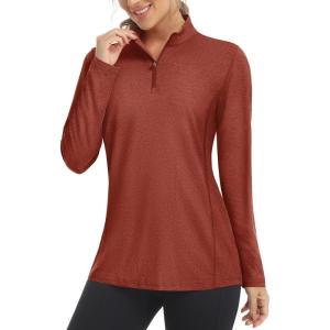 imageMAGCOMSEN Womens Long Sleeve Shirts 14 Zip Pullover UPF 50 Sun Protection Quick Dry Hiking Athletic Workout TopsDark Orange
