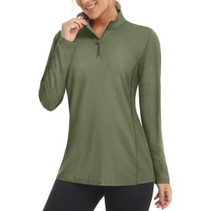 imageMAGCOMSEN Womens Long Sleeve Shirts 14 Zip Pullover UPF 50 Sun Protection Quick Dry Hiking Athletic Workout TopsGreen