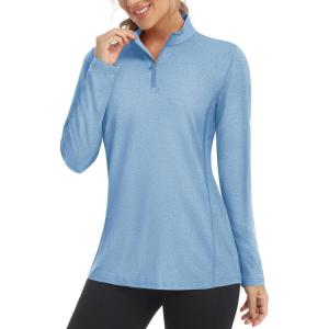 imageMAGCOMSEN Womens Long Sleeve Shirts 14 Zip Pullover UPF 50 Sun Protection Quick Dry Hiking Athletic Workout TopsLight Blue