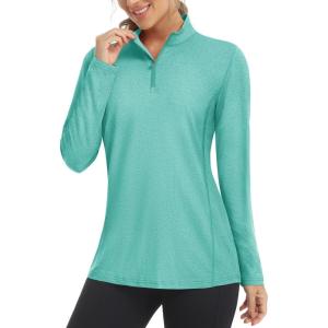 imageMAGCOMSEN Womens Long Sleeve Shirts 14 Zip Pullover UPF 50 Sun Protection Quick Dry Hiking Athletic Workout TopsLight Green