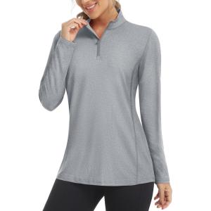 imageMAGCOMSEN Womens Long Sleeve Shirts 14 Zip Pullover UPF 50 Sun Protection Quick Dry Hiking Athletic Workout TopsLight Grey