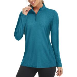 imageMAGCOMSEN Womens Long Sleeve Shirts 14 Zip Pullover UPF 50 Sun Protection Quick Dry Hiking Athletic Workout TopsPeacock Blue