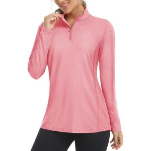 imageMAGCOMSEN Womens Long Sleeve Shirts 14 Zip Pullover UPF 50 Sun Protection Quick Dry Hiking Athletic Workout TopsPink
