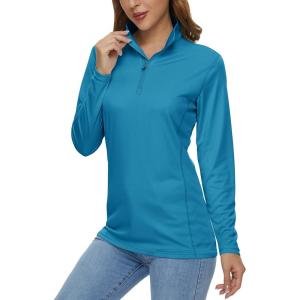 imageMAGCOMSEN Womens Shirts Long Sleeve 14 Zip UPF50 UV Sun Protection Quick Dry Workout Hiking Athletic Shirts Rash GuardBlue Green