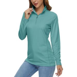 imageMAGCOMSEN Womens Shirts Long Sleeve 14 Zip UPF50 UV Sun Protection Quick Dry Workout Hiking Athletic Shirts Rash GuardGrey Green