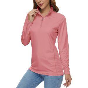 imageMAGCOMSEN Womens Shirts Long Sleeve 14 Zip UPF50 UV Sun Protection Quick Dry Workout Hiking Athletic Shirts Rash GuardGrey Pink