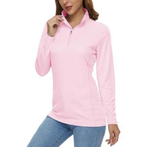 imageMAGCOMSEN Womens Shirts Long Sleeve 14 Zip UPF50 UV Sun Protection Quick Dry Workout Hiking Athletic Shirts Rash GuardPink