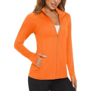 imageMAGCOMSEN Womens UPF 50 Lightweight Athletic Jacket Sun Protection Full Zip Long Sleeve Shirts Hiking Outdoor PocketsOrange