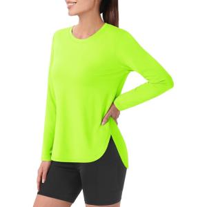 imageMAGCOMSEN Womens Workout Running Long Sleeve Top Athletic Hiking Sun Shirt Active Dry Fit Lightweight T Shirt UPF 80Fluorescent Green