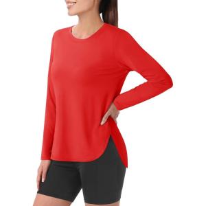 imageMAGCOMSEN Womens Workout Running Long Sleeve Top Athletic Hiking Sun Shirt Active Dry Fit Lightweight T Shirt UPF 80Tomato Red