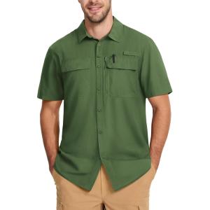 imageMAGCOMSEN Mens UPF 50 Fishing Shirts Short Sleeve Sun Protection Shirts Quick Dry Cooling Button Down Shirt Hiking SafariArmy Green