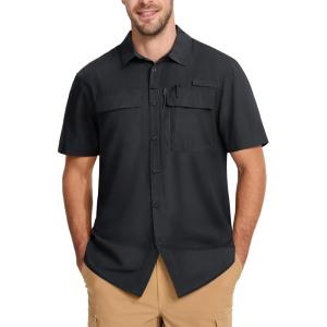 imageMAGCOMSEN Mens UPF 50 Fishing Shirts Short Sleeve Sun Protection Shirts Quick Dry Cooling Button Down Shirt Hiking SafariBlack