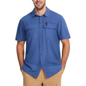 imageMAGCOMSEN Mens UPF 50 Fishing Shirts Short Sleeve Sun Protection Shirts Quick Dry Cooling Button Down Shirt Hiking SafariBlue Grey