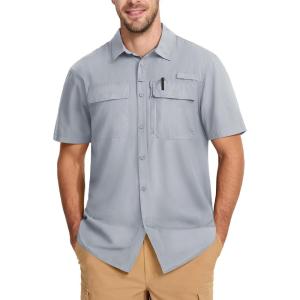 imageMAGCOMSEN Mens UPF 50 Fishing Shirts Short Sleeve Sun Protection Shirts Quick Dry Cooling Button Down Shirt Hiking SafariLight Grey