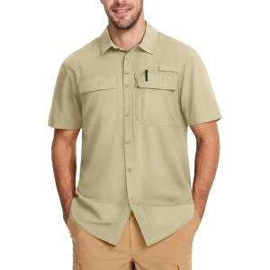 imageMAGCOMSEN Mens UPF 50 Fishing Shirts Short Sleeve Sun Protection Shirts Quick Dry Cooling Button Down Shirt Hiking SafariLight Khaki
