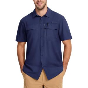 imageMAGCOMSEN Mens UPF 50 Fishing Shirts Short Sleeve Sun Protection Shirts Quick Dry Cooling Button Down Shirt Hiking SafariNavy