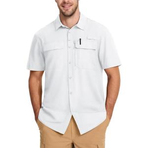 imageMAGCOMSEN Mens UPF 50 Fishing Shirts Short Sleeve Sun Protection Shirts Quick Dry Cooling Button Down Shirt Hiking SafariWhite