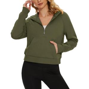 imageMAGCOMSEN Womens Half Zip Cropped Sweatshirts Fleece Lined Hoodie Quarter Zip Pullover Activewear Sweater with PocketsArmy Green