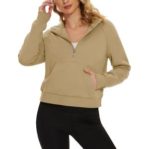 imageMAGCOMSEN Womens Half Zip Cropped Sweatshirts Fleece Lined Hoodie Quarter Zip Pullover Activewear Sweater with PocketsKhaki