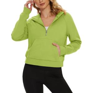 imageMAGCOMSEN Womens Half Zip Cropped Sweatshirts Fleece Lined Hoodie Quarter Zip Pullover Activewear Sweater with PocketsOlive Green
