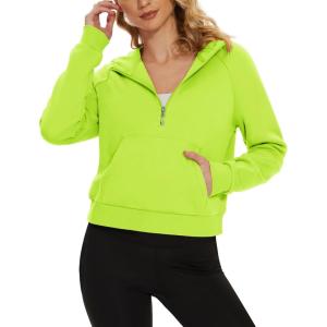 imageMAGCOMSEN Womens Half Zip Cropped Sweatshirts Fleece Lined Hoodie Quarter Zip Pullover Activewear Sweater with PocketsYellow Green