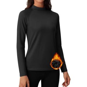 imageMAGCOMSEN Womens Thermal Shirts Mock Turtleneck Fleece Lined Long Sleeve Workout Underwear Base Layer Pullover TopsBlack