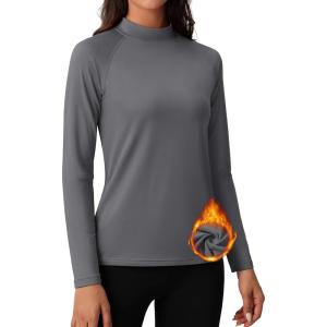 imageMAGCOMSEN Womens Thermal Shirts Mock Turtleneck Fleece Lined Long Sleeve Workout Underwear Base Layer Pullover TopsDark Grey