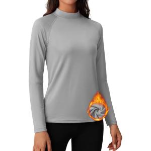 imageMAGCOMSEN Womens Thermal Shirts Mock Turtleneck Fleece Lined Long Sleeve Workout Underwear Base Layer Pullover TopsLight Grey