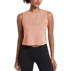 imageMAGCOMSEN Womens Workout Cropped Tops UPF 50 Athletic Running Tank Tops Sleeveless Gym Sports Muscle ShirtsApricot