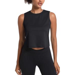 imageMAGCOMSEN Womens Workout Cropped Tops UPF 50 Athletic Running Tank Tops Sleeveless Gym Sports Muscle ShirtsBlack