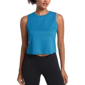 imageMAGCOMSEN Womens Workout Cropped Tops UPF 50 Athletic Running Tank Tops Sleeveless Gym Sports Muscle ShirtsBlue Green