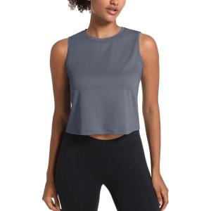imageMAGCOMSEN Womens Workout Cropped Tops UPF 50 Athletic Running Tank Tops Sleeveless Gym Sports Muscle ShirtsDark Grey