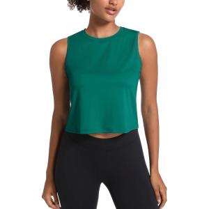 imageMAGCOMSEN Womens Workout Cropped Tops UPF 50 Athletic Running Tank Tops Sleeveless Gym Sports Muscle ShirtsEmerald Green