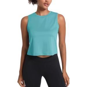 imageMAGCOMSEN Womens Workout Cropped Tops UPF 50 Athletic Running Tank Tops Sleeveless Gym Sports Muscle ShirtsGrey Green