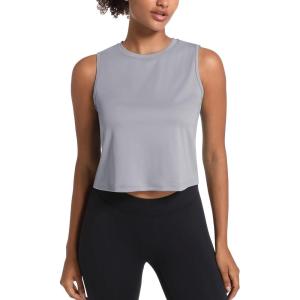 imageMAGCOMSEN Womens Workout Cropped Tops UPF 50 Athletic Running Tank Tops Sleeveless Gym Sports Muscle ShirtsLight Grey